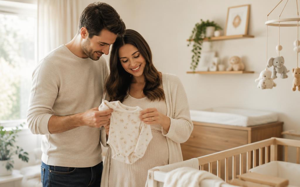 Futurs parents souriants préparant la chambre de bébé